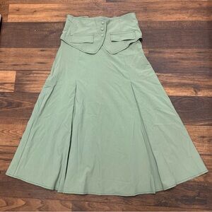 Friful Olive Green A-Line Midi Skirt Button Detail Flap Pockets Corset Back XL